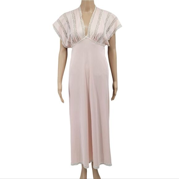 Henson Kickerrick Vintage Maxi Length Nightgown Peach White Lace Empire Waist - Picture 1 of 11